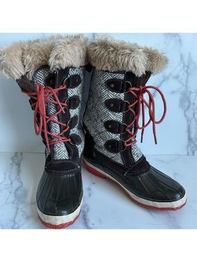 Khombu Arielle Tweed Lace Up Boot Brown Faux Fur Collar Size 7